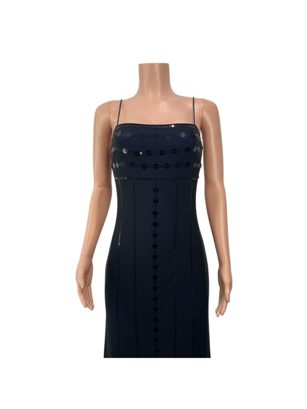 RIMINI By Shaw Vintage Black Sequined Spaghetti Strap Maxi Dress 6 Purple Lined - Picture 14 of 14